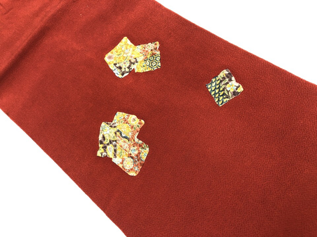 リサイクル　縮緬地色紙に花・青海波模様名古屋帯